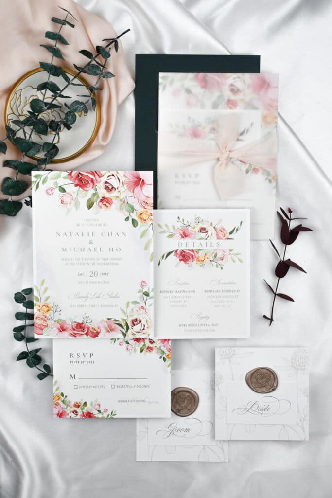 Fleur Invitation suite paired with Vellum jacket and Ribbon